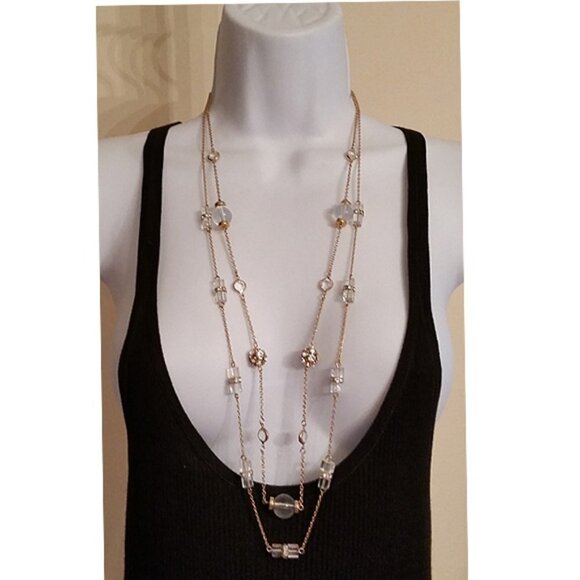 𝅺Bundle lot 2 J.crew gold tone long chain station necklaces trendy layered look - Picture 1 of 4